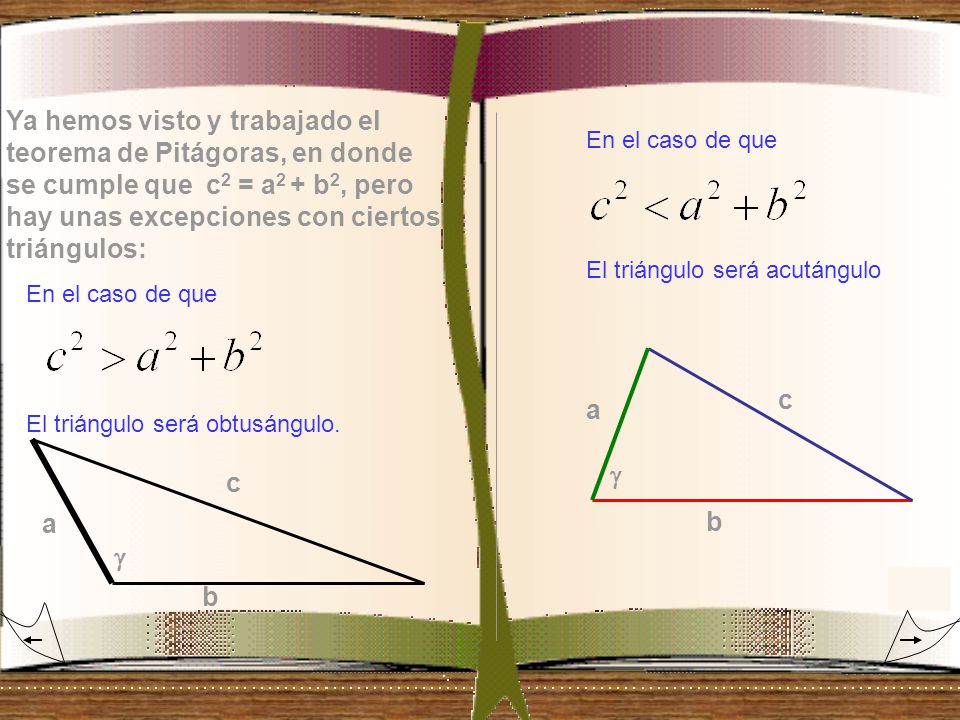 Ya hemos visto y trabajado el teorema de Pitágoras, en donde se cumple que c2 = a2 + b2, pero hay unas excepciones con ciertos triángulos: