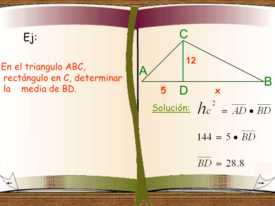 C Ej: 12. En el triangulo ABC, rectángulo en C, determinar la media de BD. A. B.