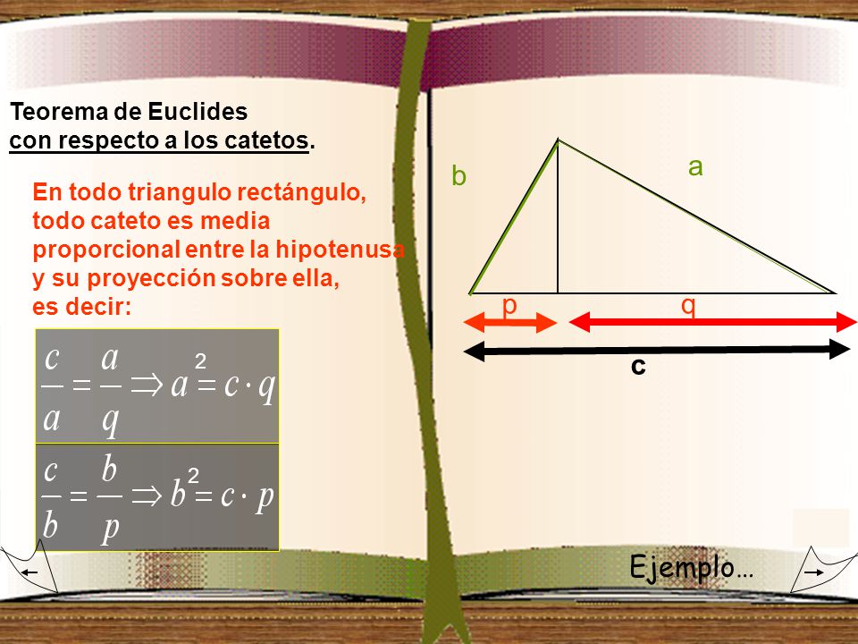 a b p q c Ejemplo… Teorema de Euclides con respecto a los catetos.