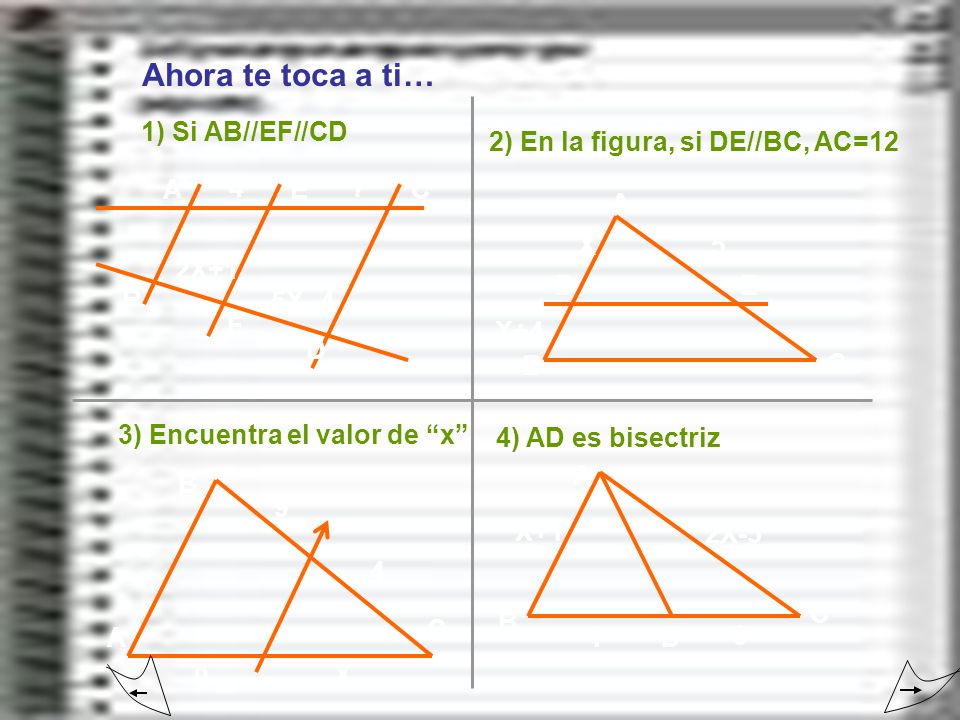 2) En la figura, si DE//BC, AC=12 3) Encuentra el valor de x