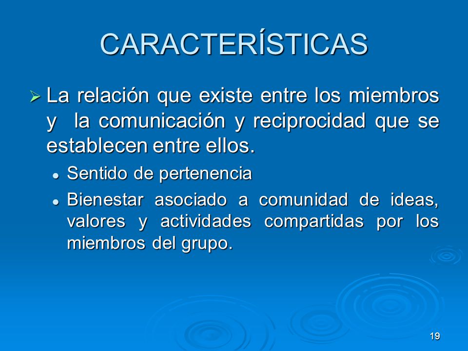 CARACTERÍSTICAS La relación que existe entre los miembros y la comunicación y reciprocidad que se establecen entre ellos.