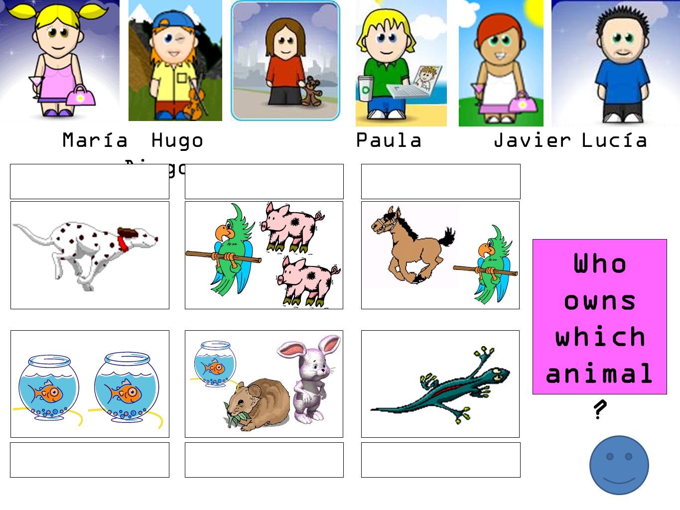 Who owns which animal María Hugo Paula Javier Lucía Diego Javier