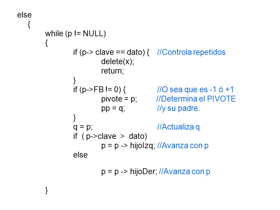 else { while (p != NULL) if (p-> clave == dato) { //Controla repetidos. delete(x); return; }