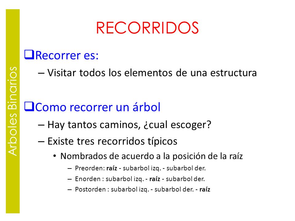 RECORRIDOS Recorrer es: Como recorrer un árbol Arboles Binarios