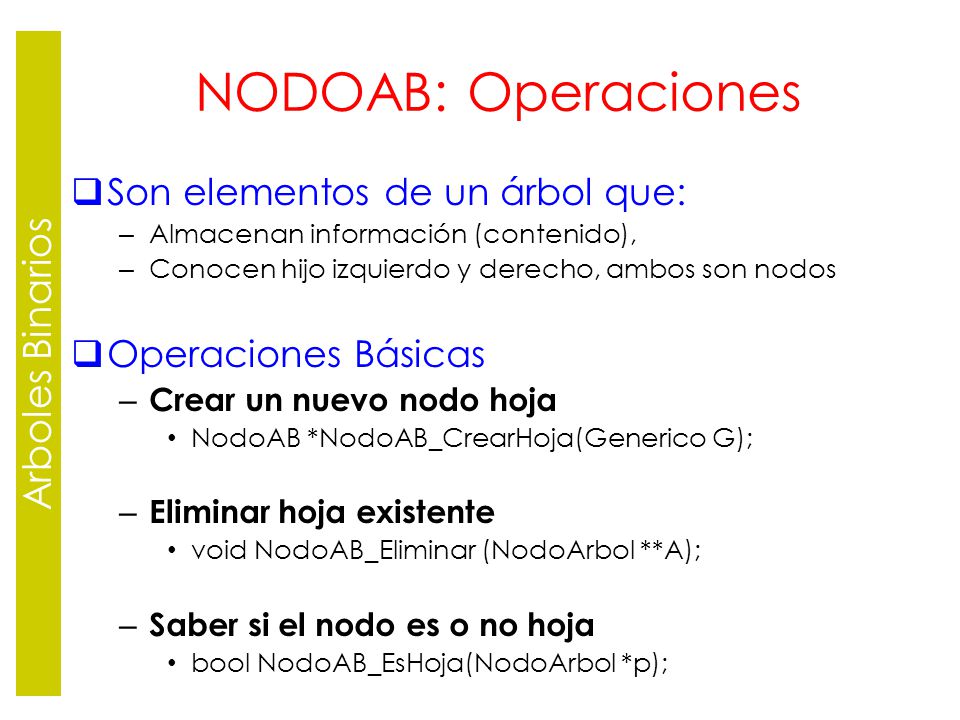 NODOAB: Operaciones Arboles Binarios Son elementos de un árbol que: