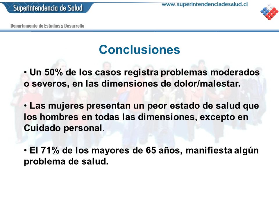 Conclusiones Un 50% de los casos registra problemas moderados o severos, en las dimensiones de dolor/malestar.