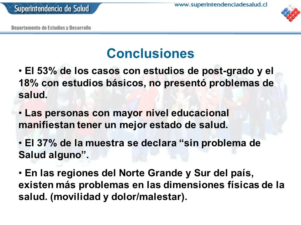 Conclusiones El 53% de los casos con estudios de post-grado y el 18% con estudios básicos, no presentó problemas de salud.