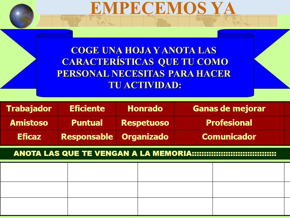 EMPECEMOS YA COGE UNA HOJA Y ANOTA LAS CARACTERÍSTICAS QUE TU COMO