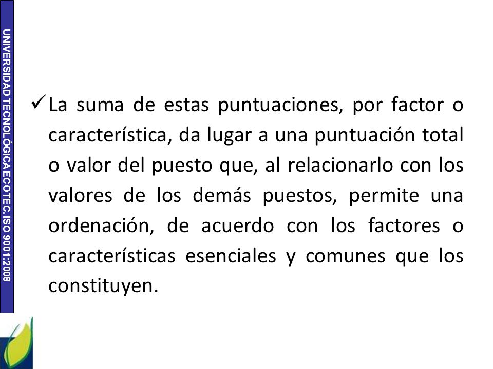 La suma de estas puntuaciones, por factor o característica, da lugar a una puntuación total o valor del puesto que, al relacionarlo con los valores de los demás puestos, permite una ordenación, de acuerdo con los factores o características esenciales y comunes que los constituyen.