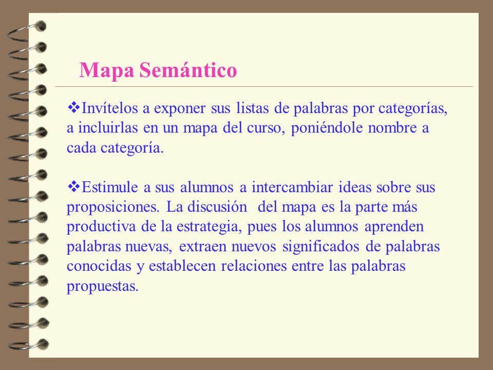 Mapa Semántico vInvítelos a exponer sus listas de palabras por categorías, a incluirlas en un mapa del curso, poniéndole nombre a cada categoría.