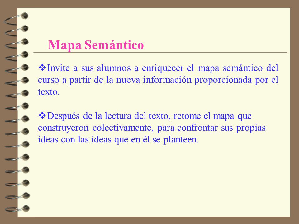 Mapa Semántico vInvite a sus alumnos a enriquecer el mapa semántico del curso a partir de la nueva información proporcionada por el texto.