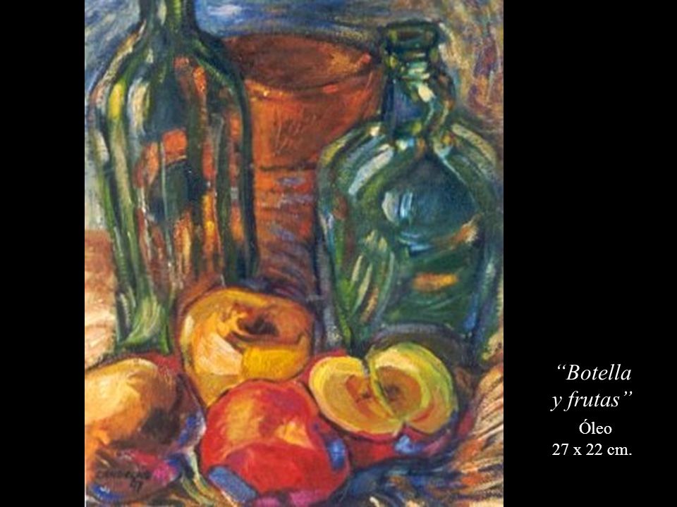 Botella y frutas Óleo 27 x 22 cm.