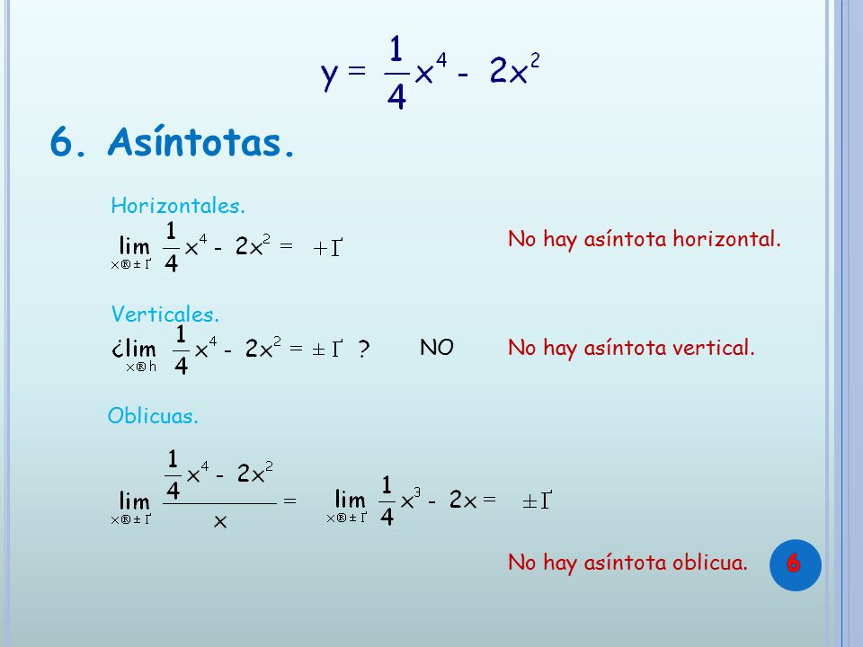 6. Asíntotas. Horizontales. No hay asíntota horizontal. Verticales. NO