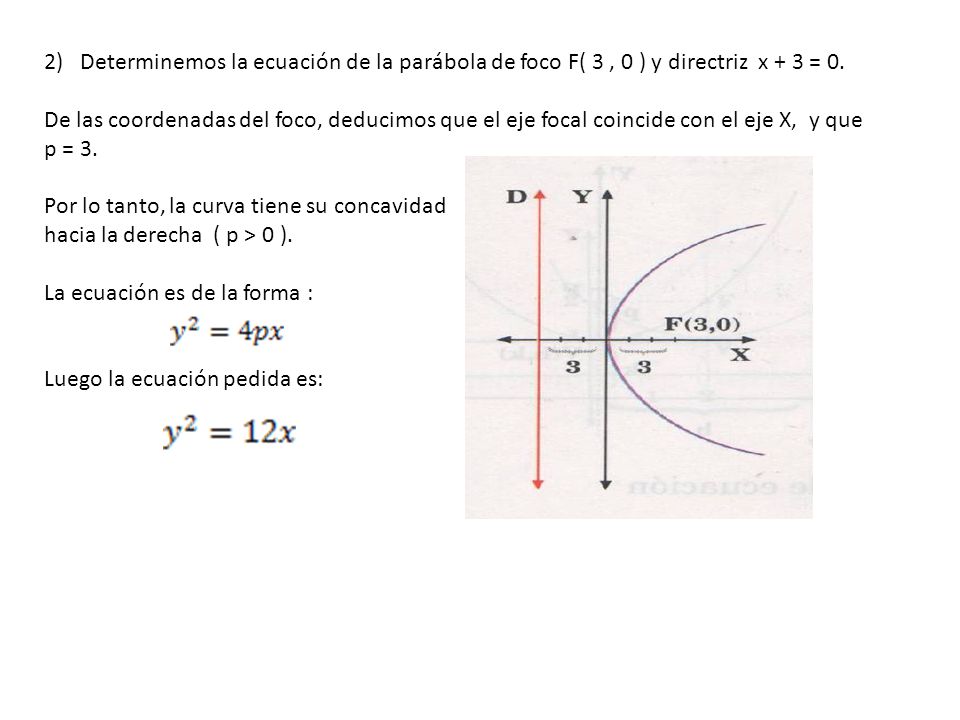2) Determinemos la ecuación de la parábola de foco F( 3 , 0 ) y directriz x + 3 = 0.
