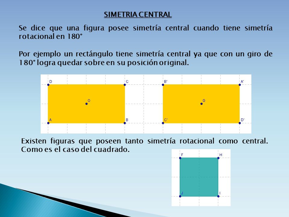 SIMETRIA CENTRAL Se dice que una figura posee simetría central cuando tiene simetría rotacional en 180°