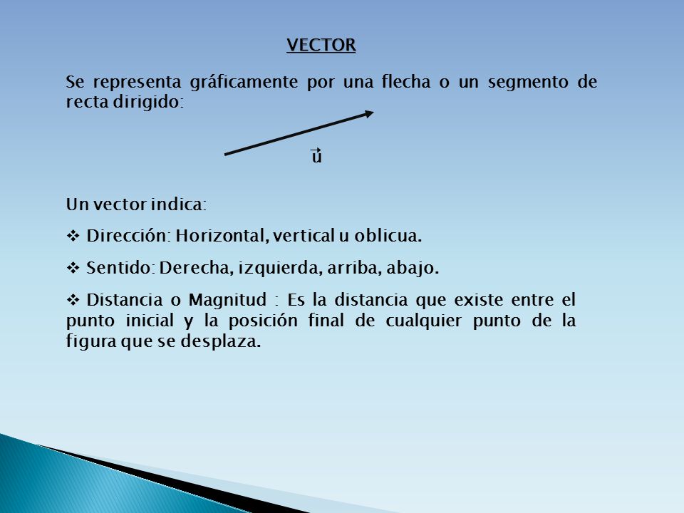 VECTOR Se representa gráficamente por una flecha o un segmento de recta dirigido: u. Un vector indica: