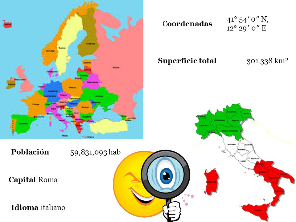 Coordenadas 41° 54′ 0″ N, 12° 29′ 0″ E. Superficie total km². Población 59,831,093 hab. Capital Roma.