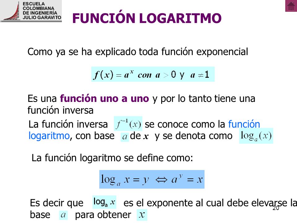 FUNCIÓN LOGARITMO Como ya se ha explicado toda función exponencial