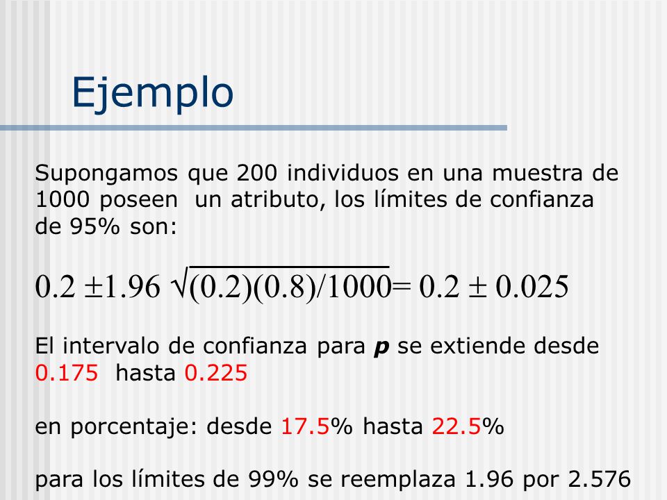 Ejemplo Supongamos que 200 individuos en una muestra de poseen un atributo, los límites de confianza.