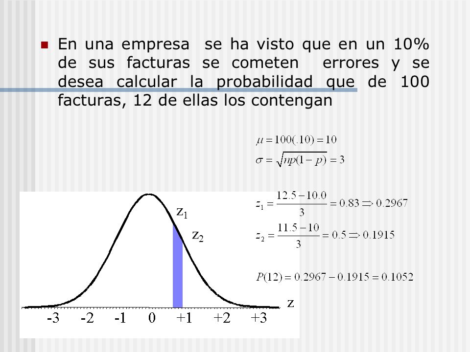 En una empresa se ha visto que en un 10% de sus facturas se cometen errores y se desea calcular la probabilidad que de 100 facturas, 12 de ellas los contengan