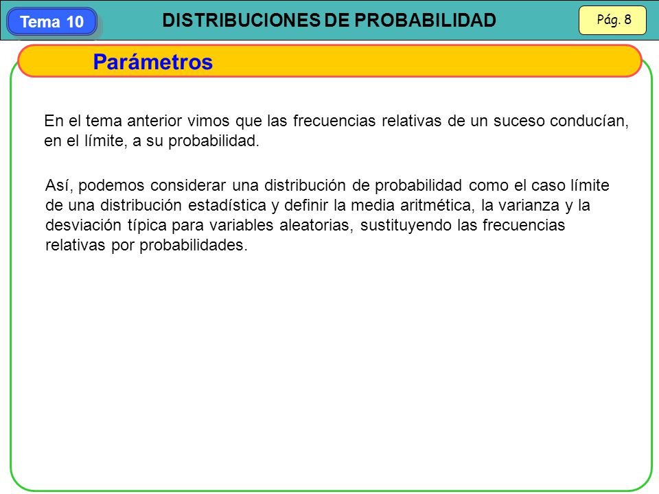 Parámetros En el tema anterior vimos que las frecuencias relativas de un suceso conducían, en el límite, a su probabilidad.