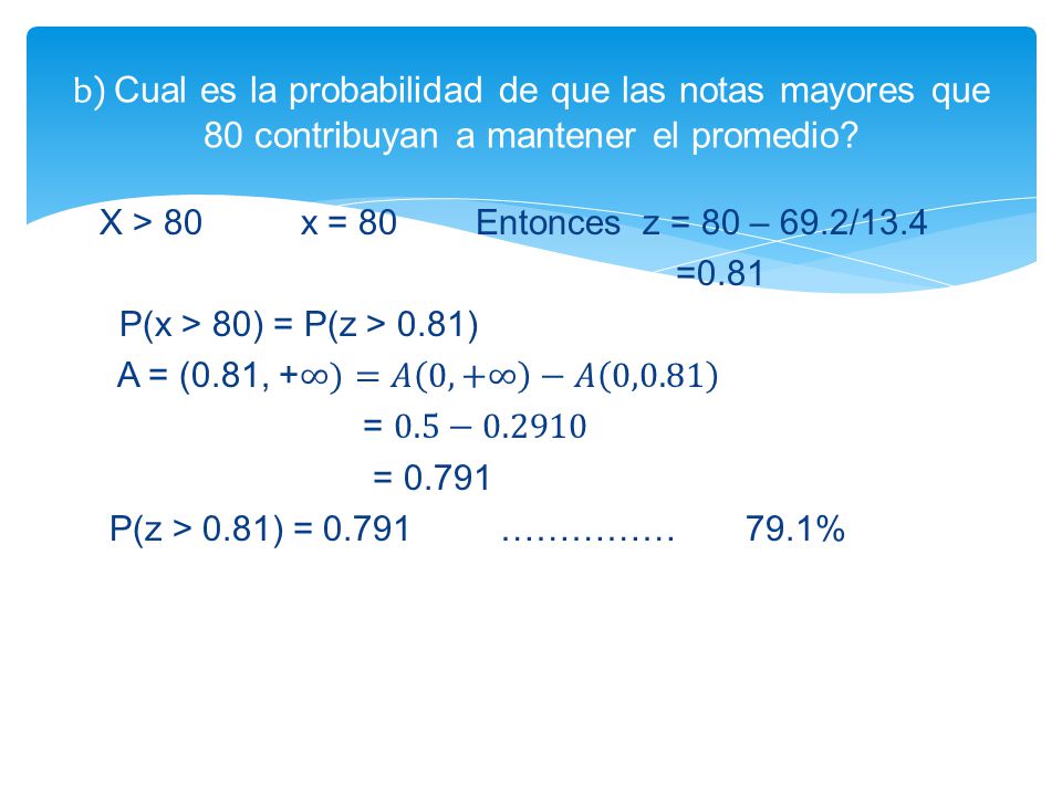 b) Cual es la probabilidad de que las notas mayores que 80 contribuyan a mantener el promedio
