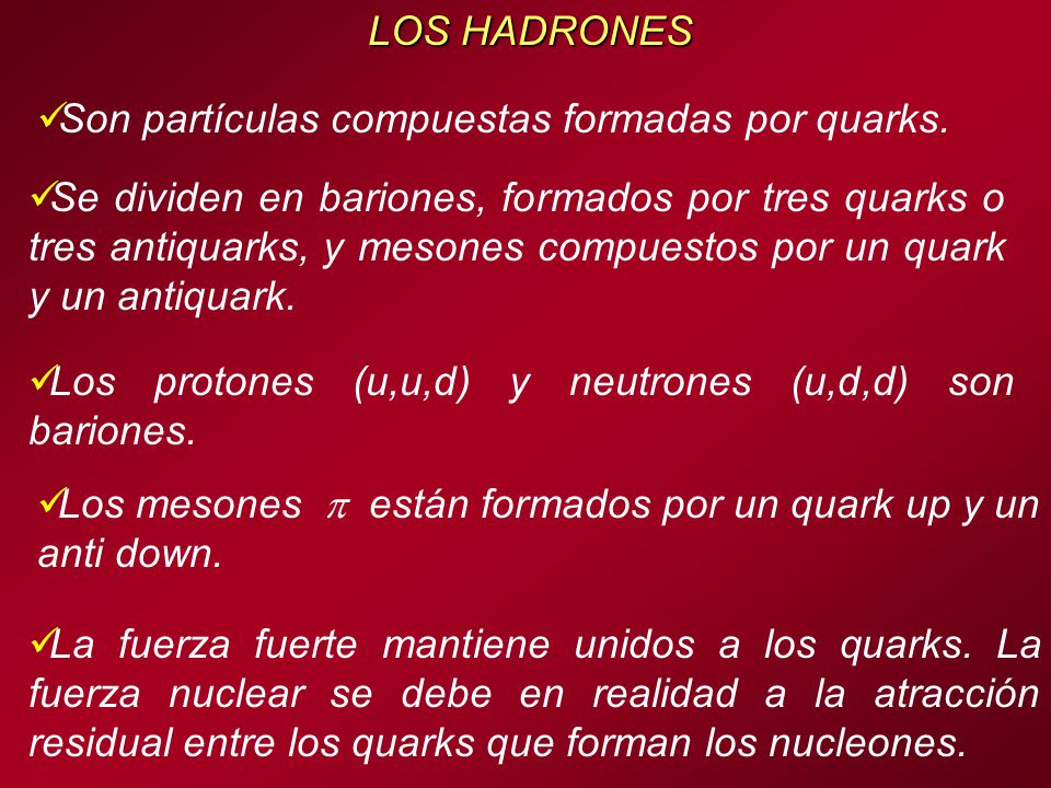 LOS HADRONES Son partículas compuestas formadas por quarks.