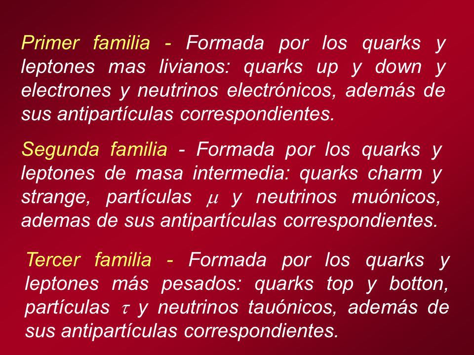 Primer familia - Formada por los quarks y leptones mas livianos: quarks up y down y electrones y neutrinos electrónicos, además de sus antipartículas correspondientes.