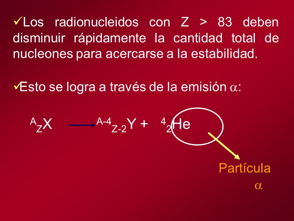 Los radionucleidos con Z > 83 deben disminuir rápidamente la cantidad total de nucleones para acercarse a la estabilidad.
