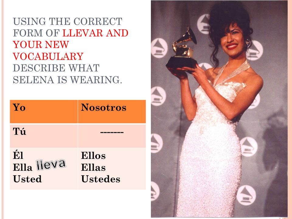 USING THE CORRECT FORM OF LLEVAR AND YOUR NEW VOCABULARY DESCRIBE WHAT SELENA IS WEARING.