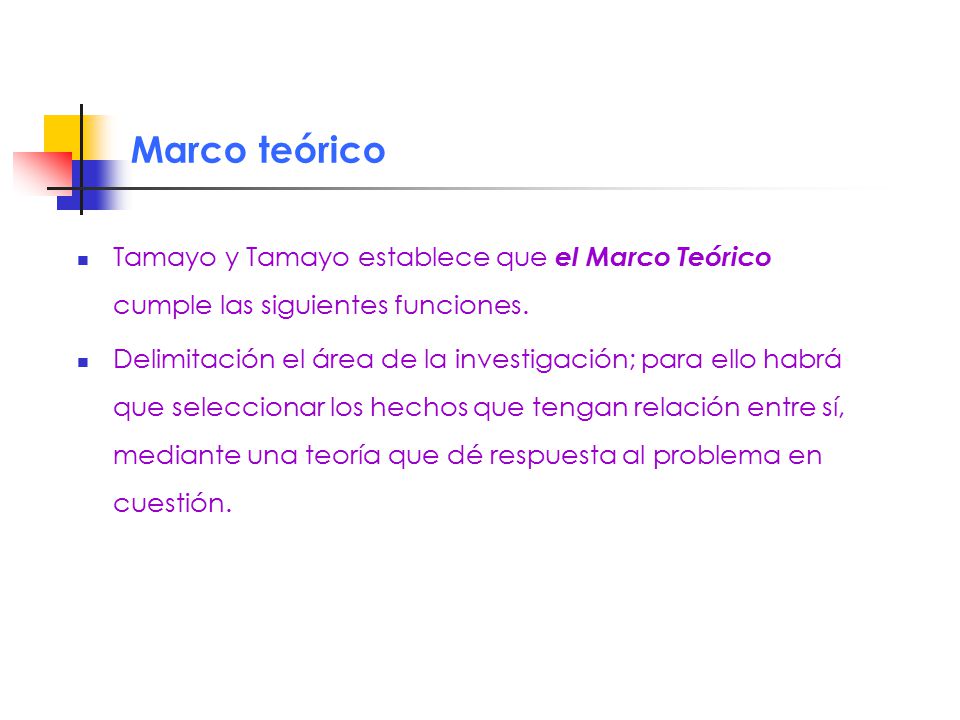 Marco teórico Tamayo y Tamayo establece que el Marco Teórico cumple las siguientes funciones.