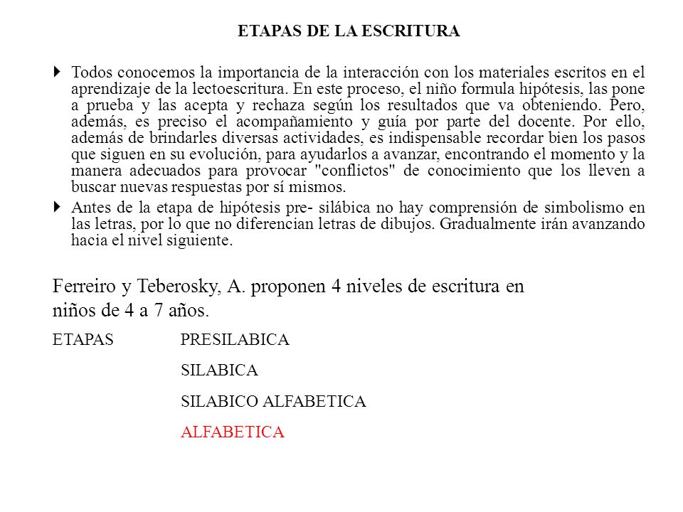 Ferreiro y Teberosky, A. proponen 4 niveles de escritura en
