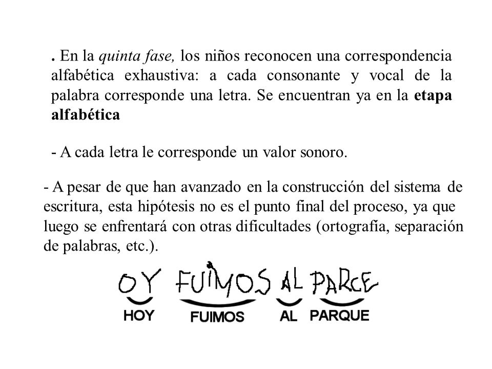 . En la quinta fase, los niños reconocen una correspondencia alfabética exhaustiva: a cada consonante y vocal de la palabra corresponde una letra. Se encuentran ya en la etapa alfabética