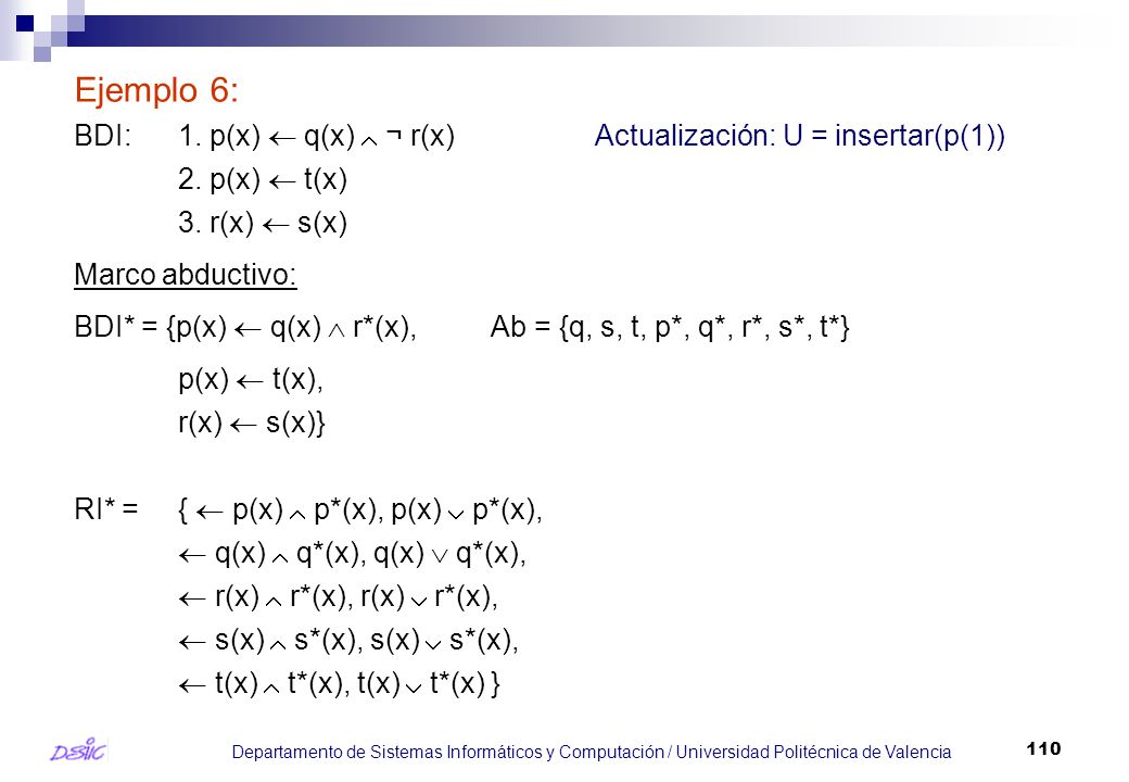 Ejemplo 6: BDI: 1. p(x)  q(x)  ¬ r(x) Actualización: U = insertar(p(1)) 2. p(x)  t(x) 3. r(x)  s(x)