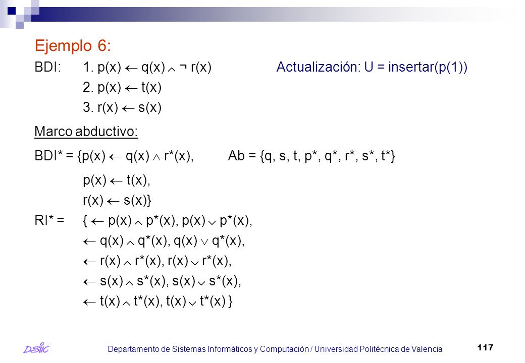 Ejemplo 6: BDI: 1. p(x)  q(x)  ¬ r(x) Actualización: U = insertar(p(1)) 2. p(x)  t(x) 3. r(x)  s(x)