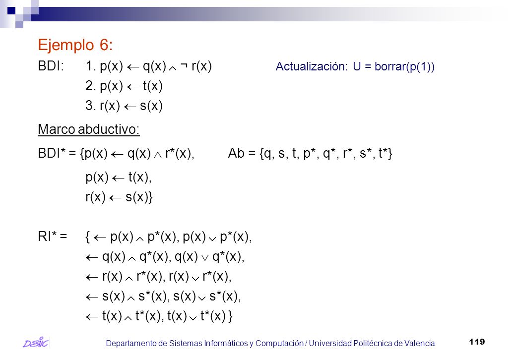 Ejemplo 6: BDI: 1. p(x)  q(x)  ¬ r(x) Actualización: U = borrar(p(1)) 2. p(x)  t(x) 3. r(x)  s(x)