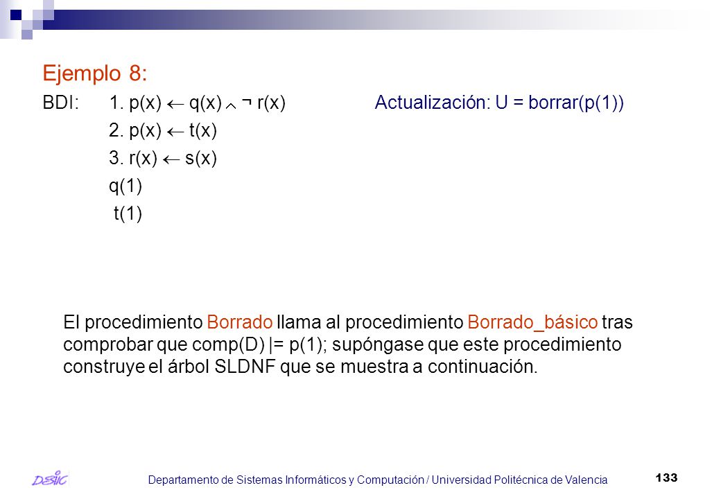 Ejemplo 8: BDI: 1. p(x)  q(x)  ¬ r(x) Actualización: U = borrar(p(1)) 2. p(x)  t(x) 3. r(x)  s(x)