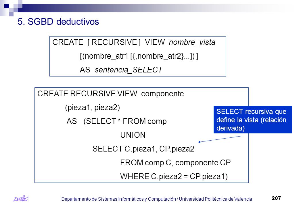 5. SGBD deductivos CREATE [ RECURSIVE ] VIEW nombre_vista
