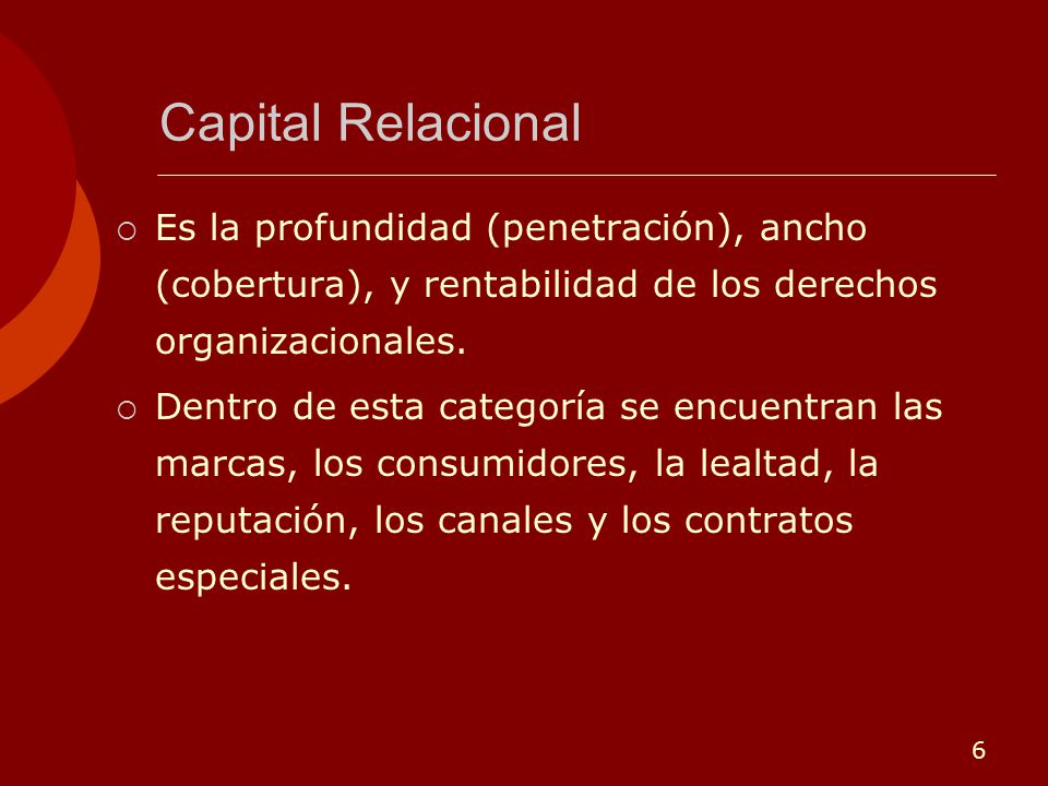 Capital Relacional Es la profundidad (penetración), ancho (cobertura), y rentabilidad de los derechos organizacionales.