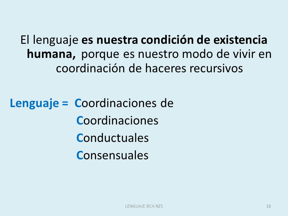 El lenguaje es nuestra condición de existencia humana, porque es nuestro modo de vivir en coordinación de haceres recursivos Lenguaje = Coordinaciones de Coordinaciones Conductuales Consensuales