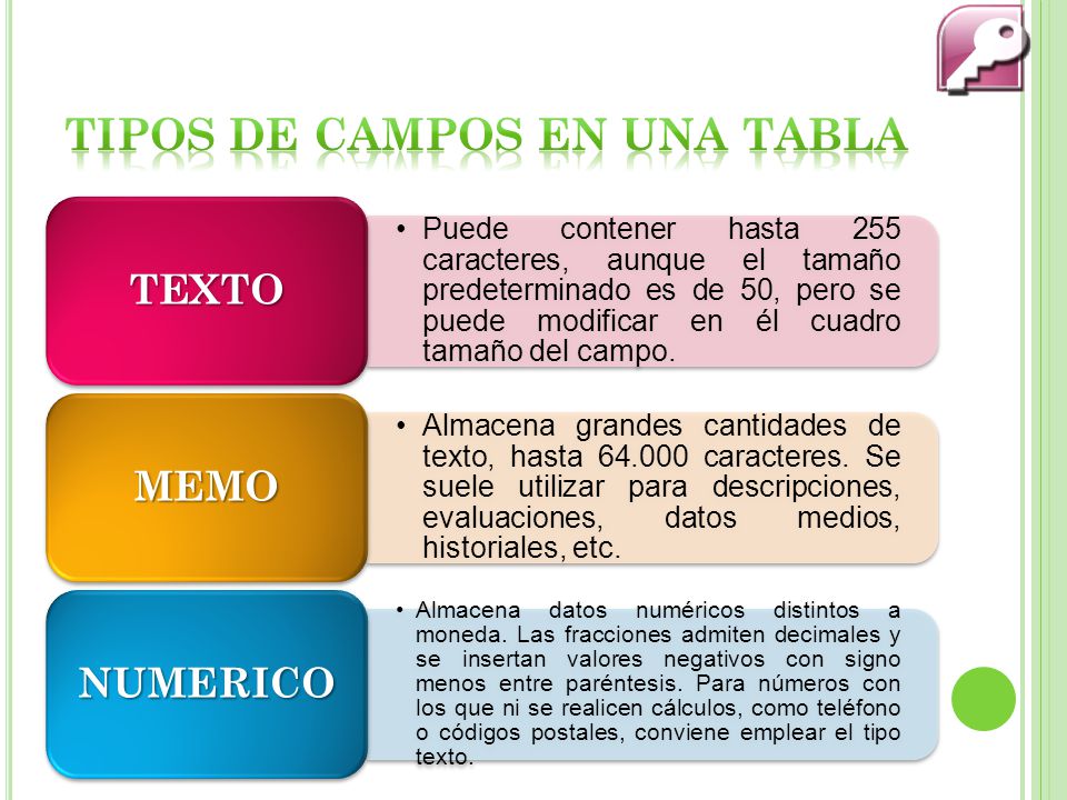 TIPOS DE campos en una tabla