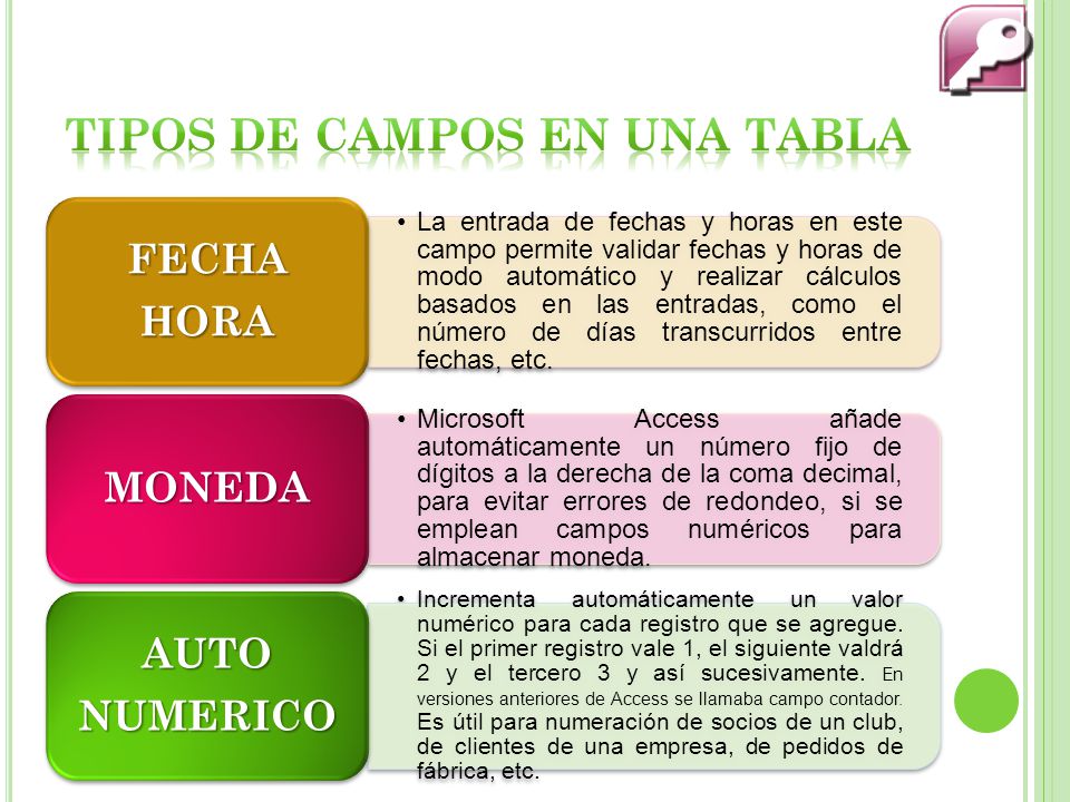 TIPOS DE campos en una tabla