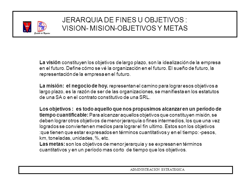 JERARQUIA DE FINES U OBJETIVOS : VISION- MISION-OBJETIVOS Y METAS