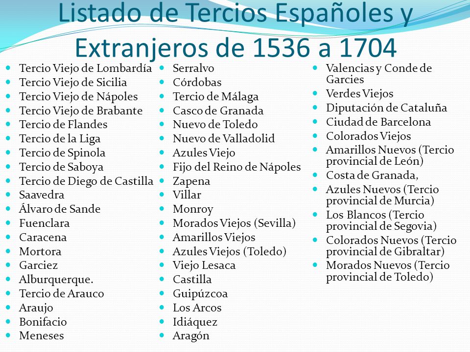Listado de Tercios Españoles y Extranjeros de 1536 a 1704