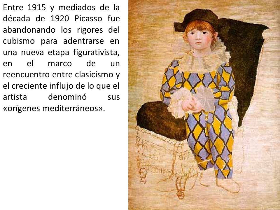 Entre 1915 y mediados de la década de 1920 Picasso fue abandonando los rigores del cubismo para adentrarse en una nueva etapa figurativista, en el marco de un reencuentro entre clasicismo y el creciente influjo de lo que el artista denominó sus «orígenes mediterráneos».