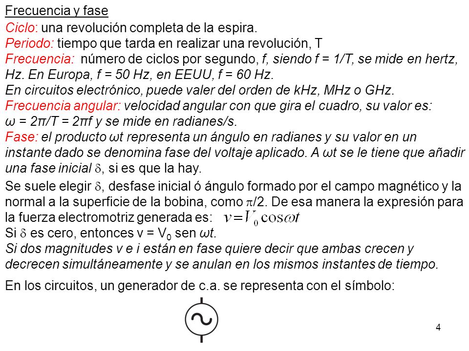 Frecuencia y fase Ciclo: una revolución completa de la espira. Periodo: tiempo que tarda en realizar una revolución, T.