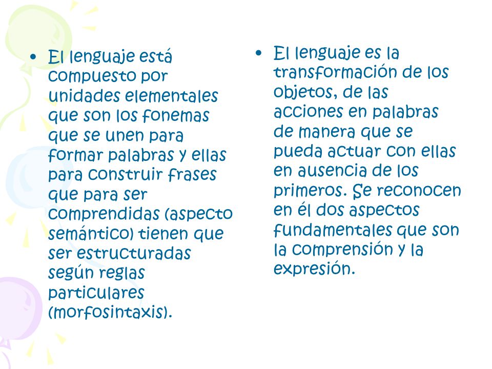El lenguaje es la transformación de los objetos, de las acciones en palabras de manera que se pueda actuar con ellas en ausencia de los primeros. Se reconocen en él dos aspectos fundamentales que son la comprensión y la expresión.