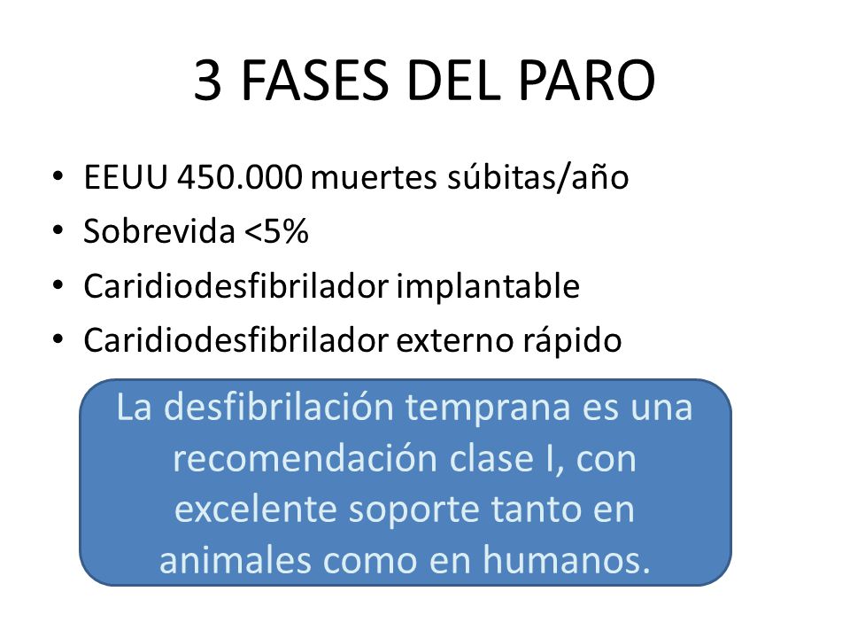3 FASES DEL PARO EEUU muertes súbitas/año. Sobrevida <5% Caridiodesfibrilador implantable.