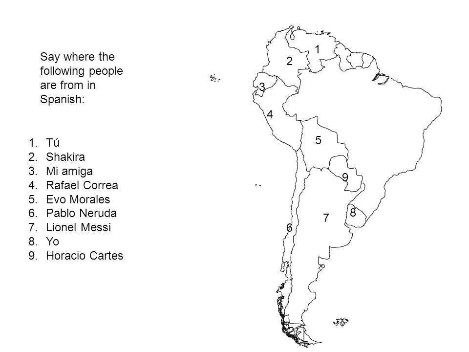 1 Say where the following people are from in Spanish: Tú. Shakira. Mi amiga. Rafael Correa.