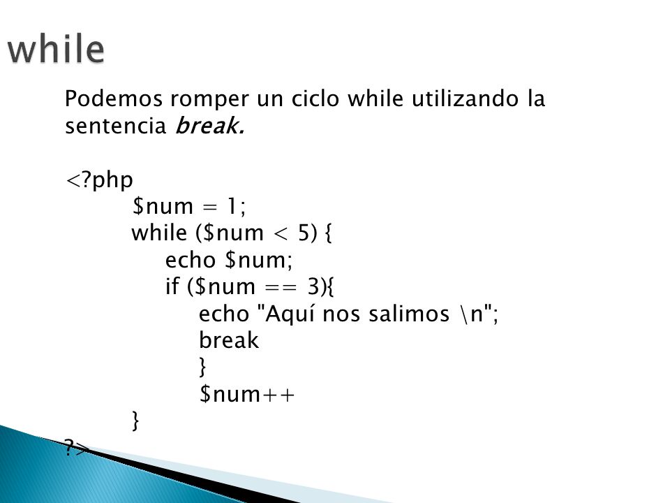 while Podemos romper un ciclo while utilizando la sentencia break.